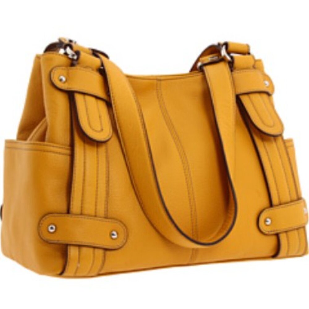 Tignanello Mustard Yellow Pebbled Leather Multi-Pocket Shoulder Bag - Picture 3 of 4